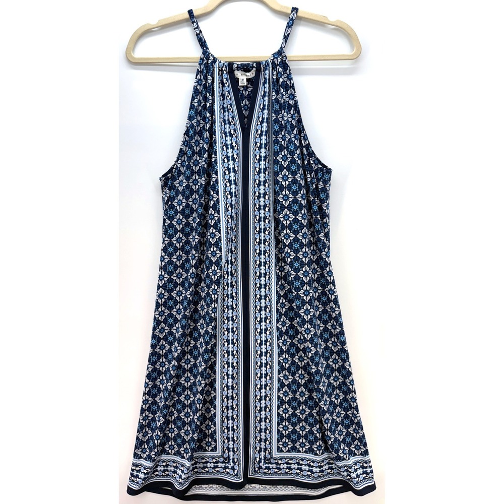 Max Studio Womens Blue Floral Geometric Cut Out Neck Mini Dress Sz M Boho Resort